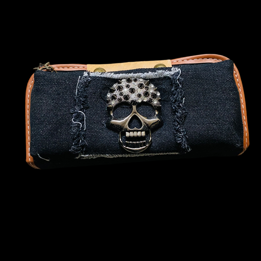 Edgy Skull Design Multipurpose Denim Case – Black with Studded Metal Detail