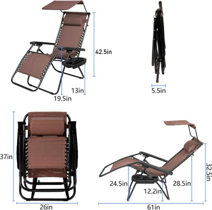 Zero Gravity Chairs Set of 2 Clearance with Sunshade Canopy and Cup Holder Tray Padded Adjustable Antigravity Lounge Folding Chair Patio Lounge Chair for Outdoor, Camping, Patio, Lawn, Brown