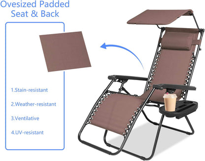 Zero Gravity Chairs Set of 2 Clearance with Sunshade Canopy and Cup Holder Tray Padded Adjustable Antigravity Lounge Folding Chair Patio Lounge Chair for Outdoor, Camping, Patio, Lawn, Brown