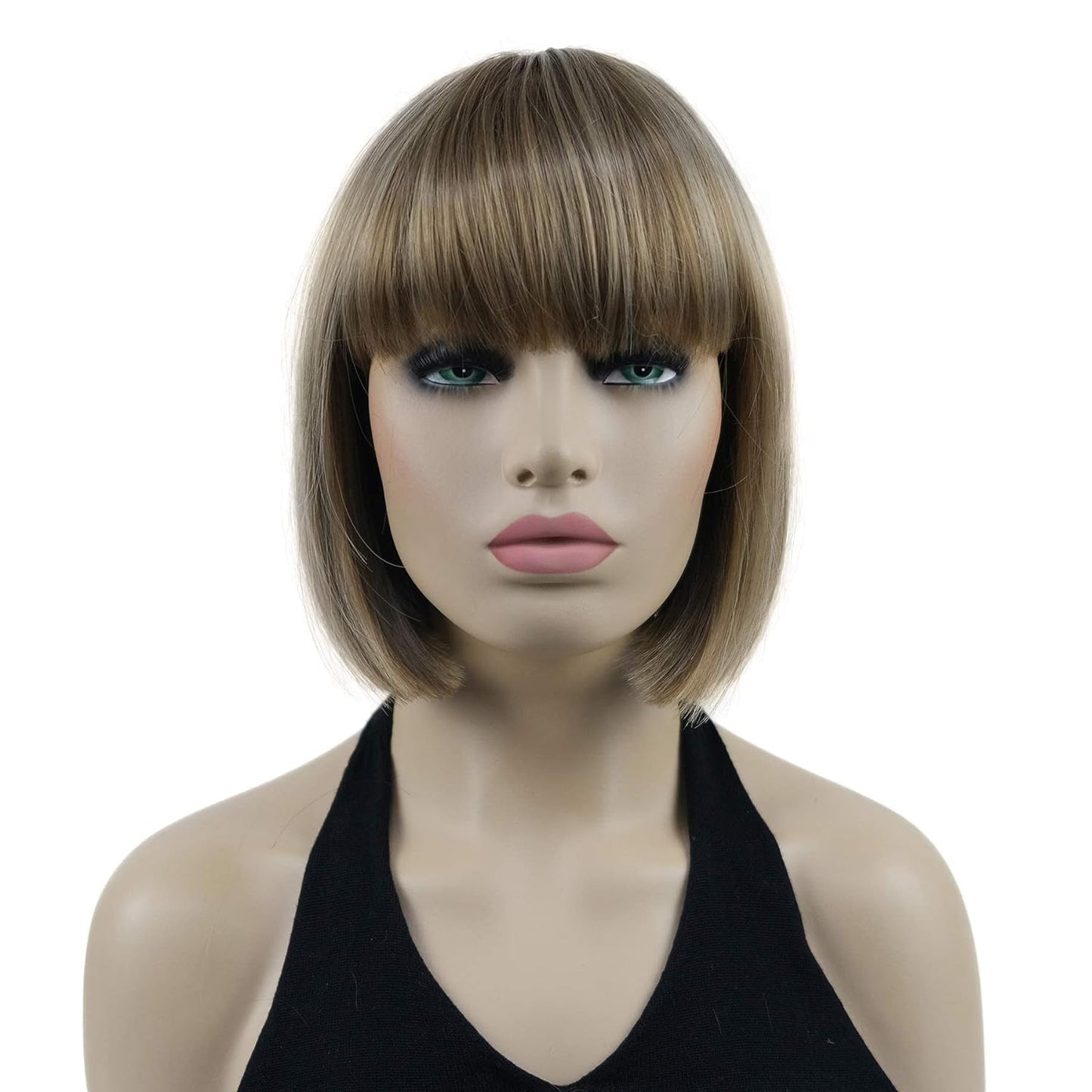 Lydell 8" Straight Short Bob Hair Flat Bangs Cute Central Dot Skin Top Heat Resistant Synthetic Wigs (14-24 Lt Golden Brown)