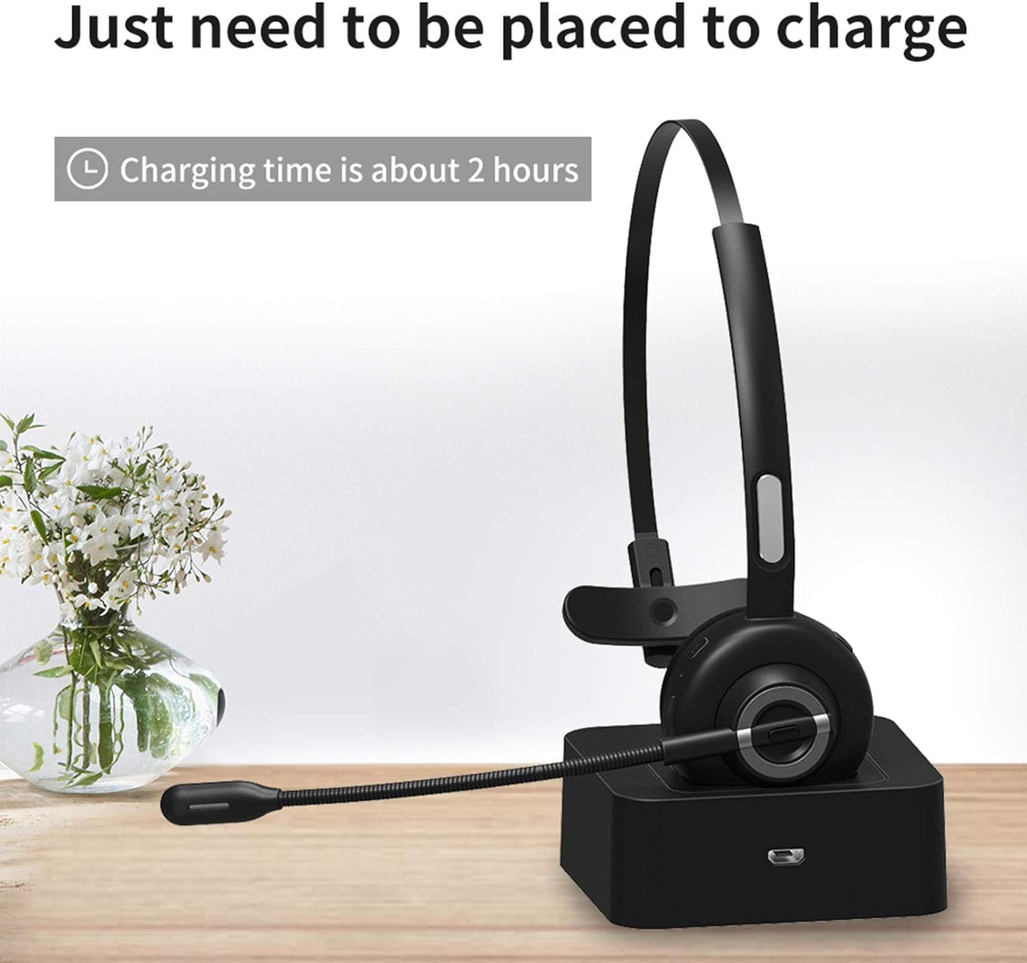 BH-M97 On Ear Headset Bluetooth 5.0 Wireless Headphones Call Center Earphone with Noise Cancelling Microphone Adjustable Headband Control with Charging Dock