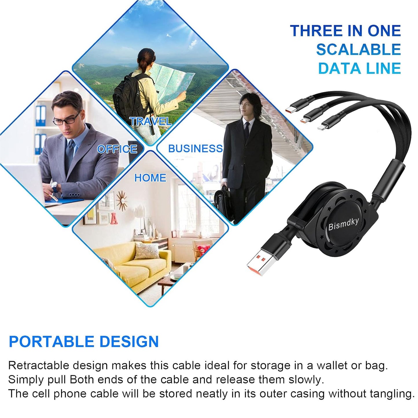 2 Pack 3 in 1 Multi USB Retractable Charger Cable,3A Multiple Charging Cord Adapter with IP/USB-C/Micro-USB Port Adapter, Fast Charging Compatible with Cell Phones Tablets Universal Use