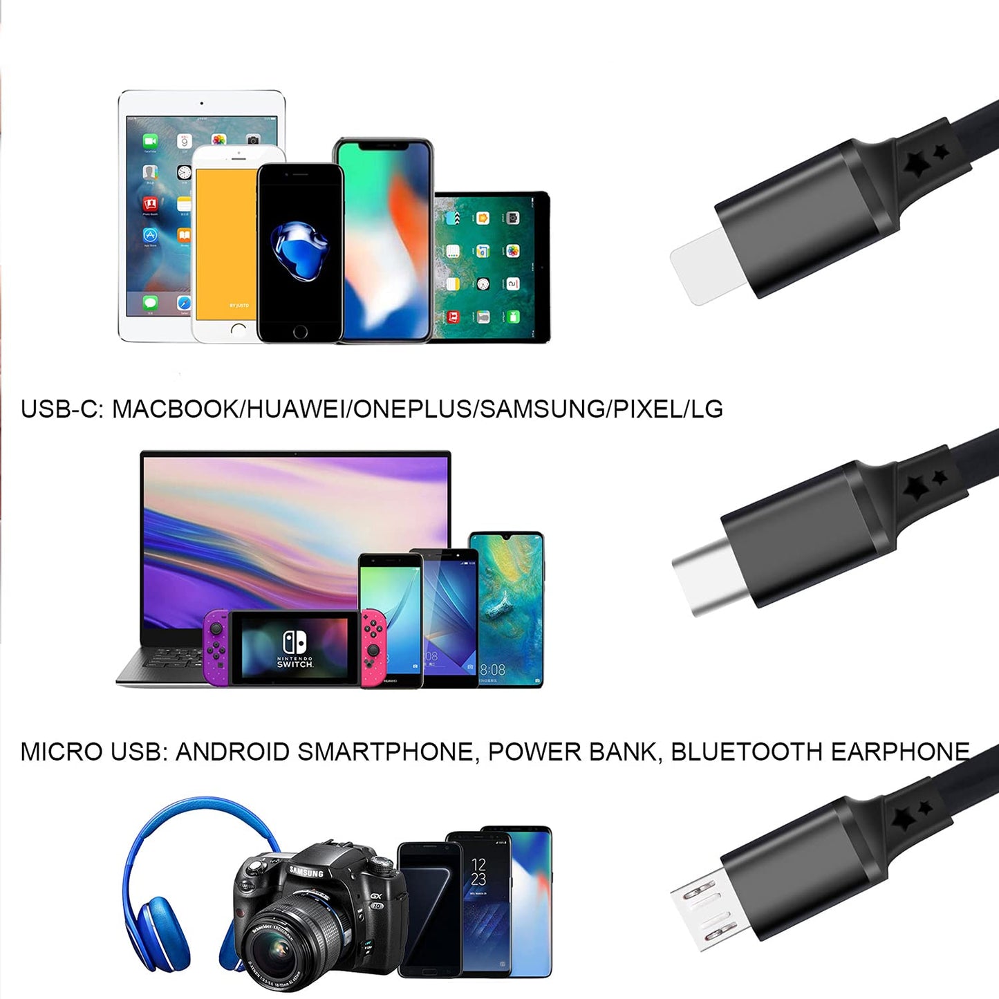 2 Pack 3 in 1 Multi USB Retractable Charger Cable,3A Multiple Charging Cord Adapter with IP/USB-C/Micro-USB Port Adapter, Fast Charging Compatible with Cell Phones Tablets Universal Use