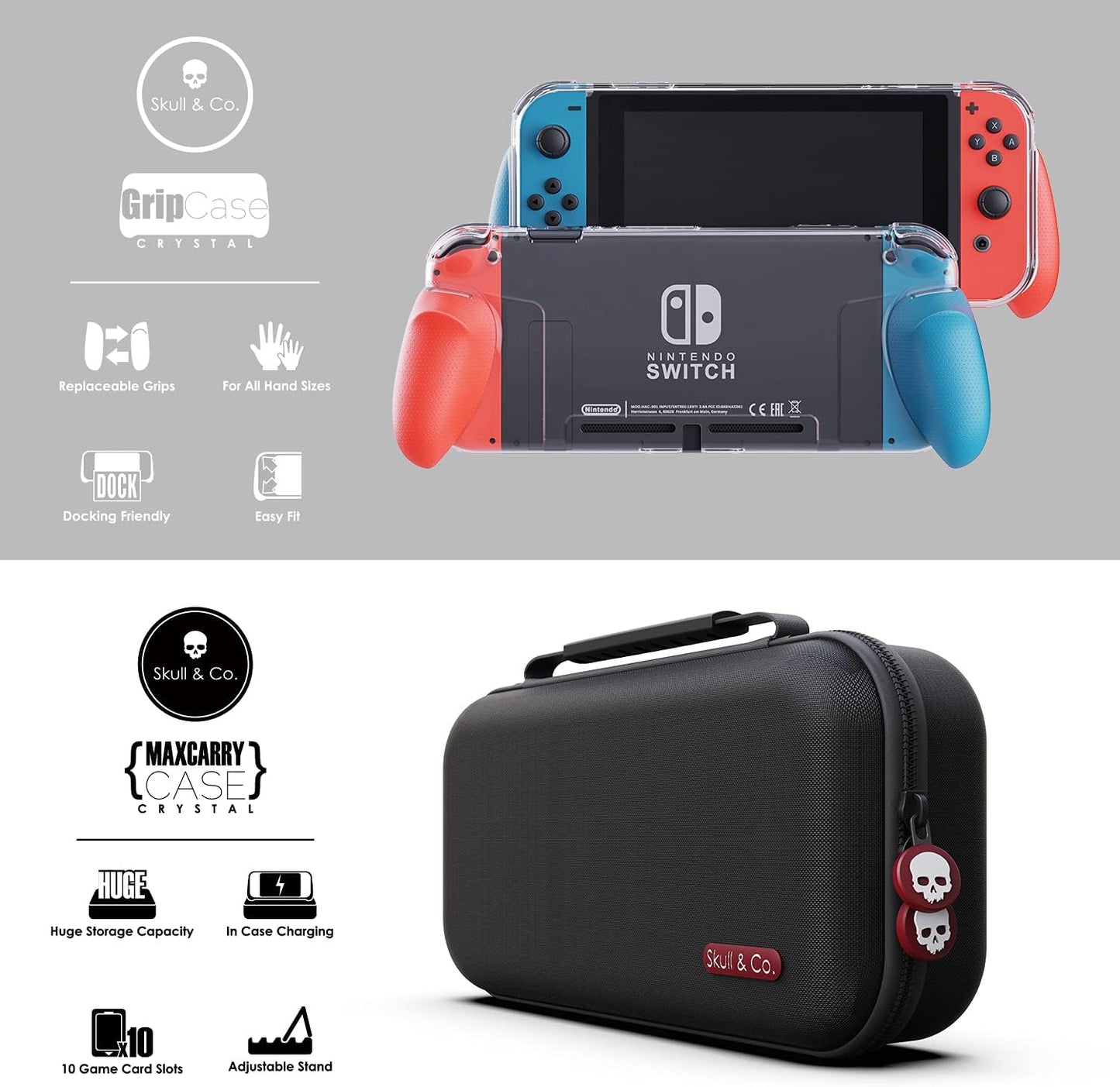 Skull & Co. GripCase Crystal  Bundle: A Dockable Transparent Protective Cover Case with Replaceable Grips [to fit All Hands Sizes] for Nintendo Switch -Neon Red & Blue