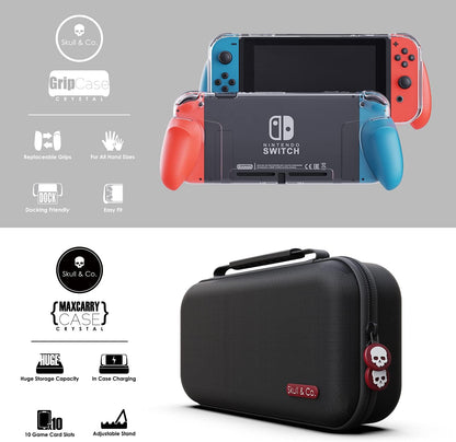 Skull & Co. GripCase Crystal  Bundle: A Dockable Transparent Protective Cover Case with Replaceable Grips [to fit All Hands Sizes] for Nintendo Switch -Neon Red & Blue