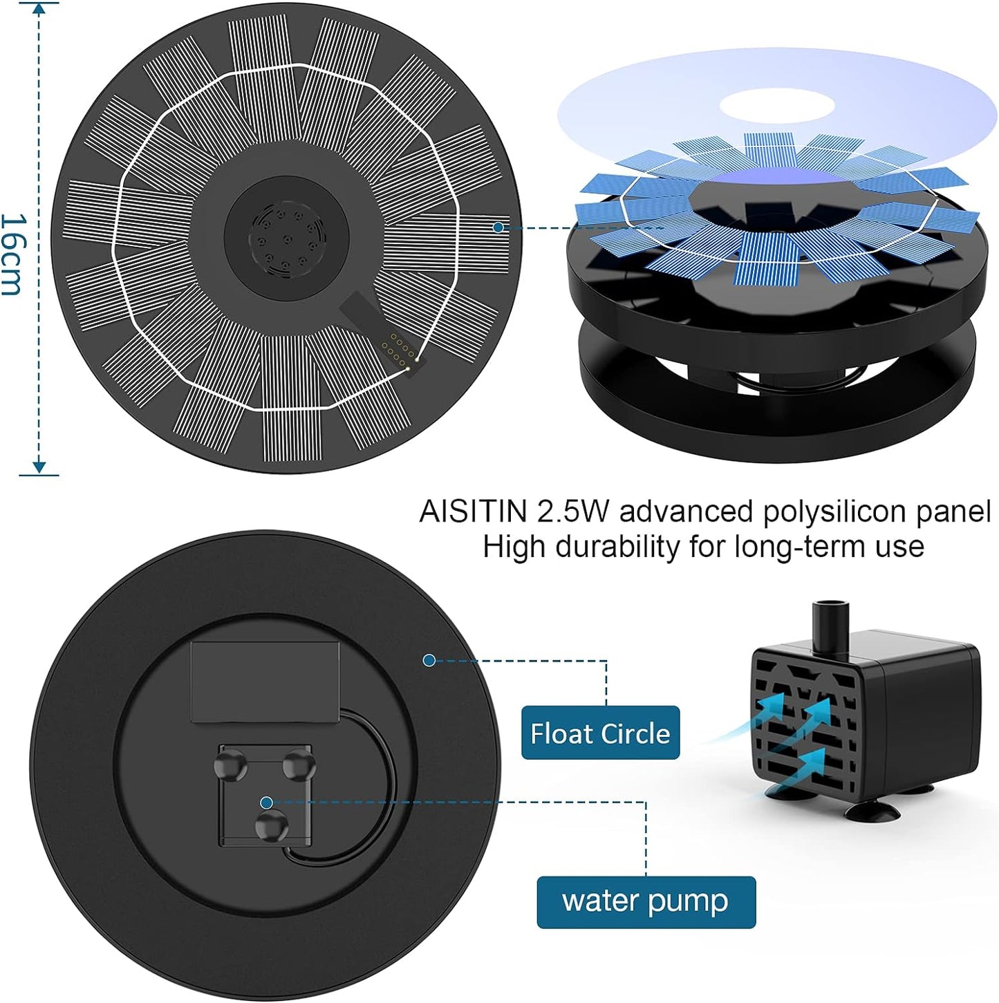 AISITIN 1.5W / 2.5W Solar Bird Bath Fountain with 6 Nozzles, Solar Fountain Pump for Bird Bath, 6.7" Solar Powered Floating Water Fountain Pump for Bird Bath, Ponds, Garden, Fish Tank and Outdoor