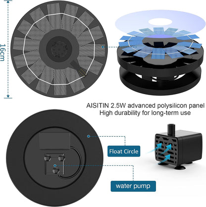 AISITIN 1.5W / 2.5W Solar Bird Bath Fountain with 6 Nozzles, Solar Fountain Pump for Bird Bath, 6.7" Solar Powered Floating Water Fountain Pump for Bird Bath, Ponds, Garden, Fish Tank and Outdoor