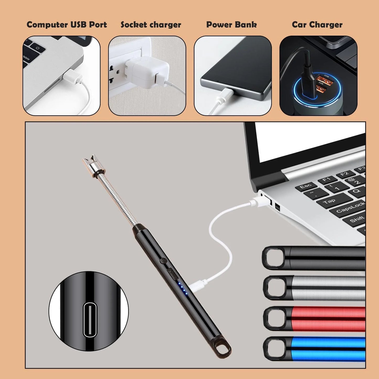 Rechargeable Electric Gas Lighter for Kitchen Cooking Gas Stove , 360° Flexible Neck Arc Lighter Plasma Flameless Windproof USB Lighter - 400 Uses in Single Charge