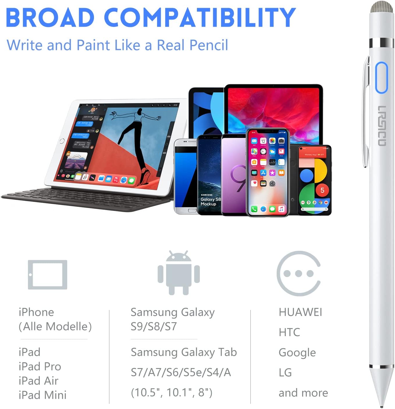URSICO Tablet Pen for All Tablets, 2-in-1 Stylus Pen Rechargeable Touchscreen Pen Compatible with iPad iPhone iOS Android Samsung Huawei Lenovo Smartphones Touchscreen Tablets and Others