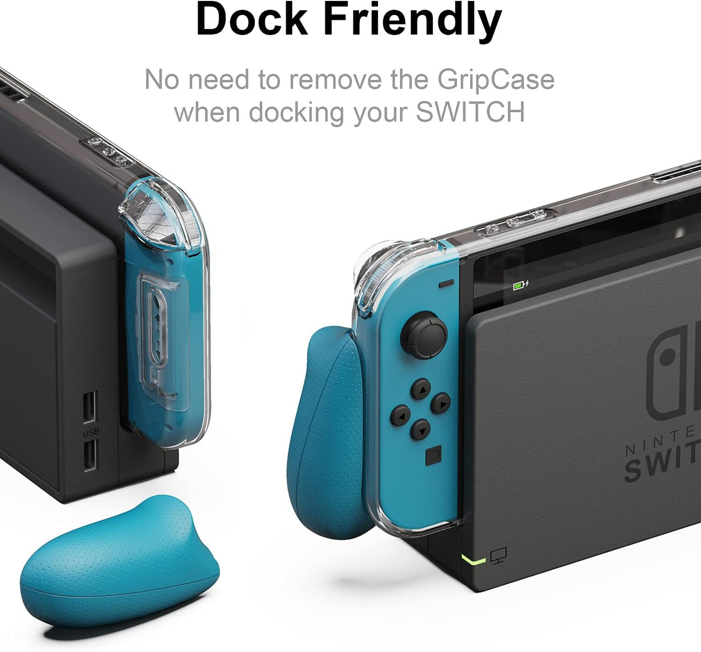 Skull & Co. GripCase Crystal  Bundle: A Dockable Transparent Protective Cover Case with Replaceable Grips [to fit All Hands Sizes] for Nintendo Switch -Neon Red & Blue