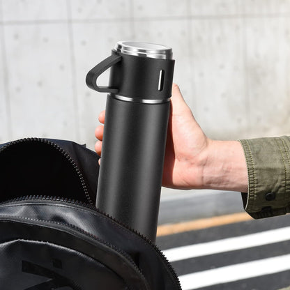 Gift Pack Set Stainless Steel Vacuum Flask Set with 3 Steel Cups Combo Coffee Hot Drink and Cold Water Flask Ideal Gifting Travel Friendly Latest Flask Bottle for Hot and Cold Drink Flask Bottle 500ml