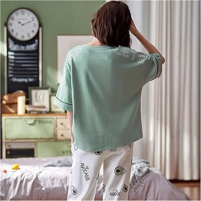 KAKAYO Women Cute Cozy Pajama Set 2 Pieces Casual Summer Short Sleeve Sleepwear Homewear for Ladies