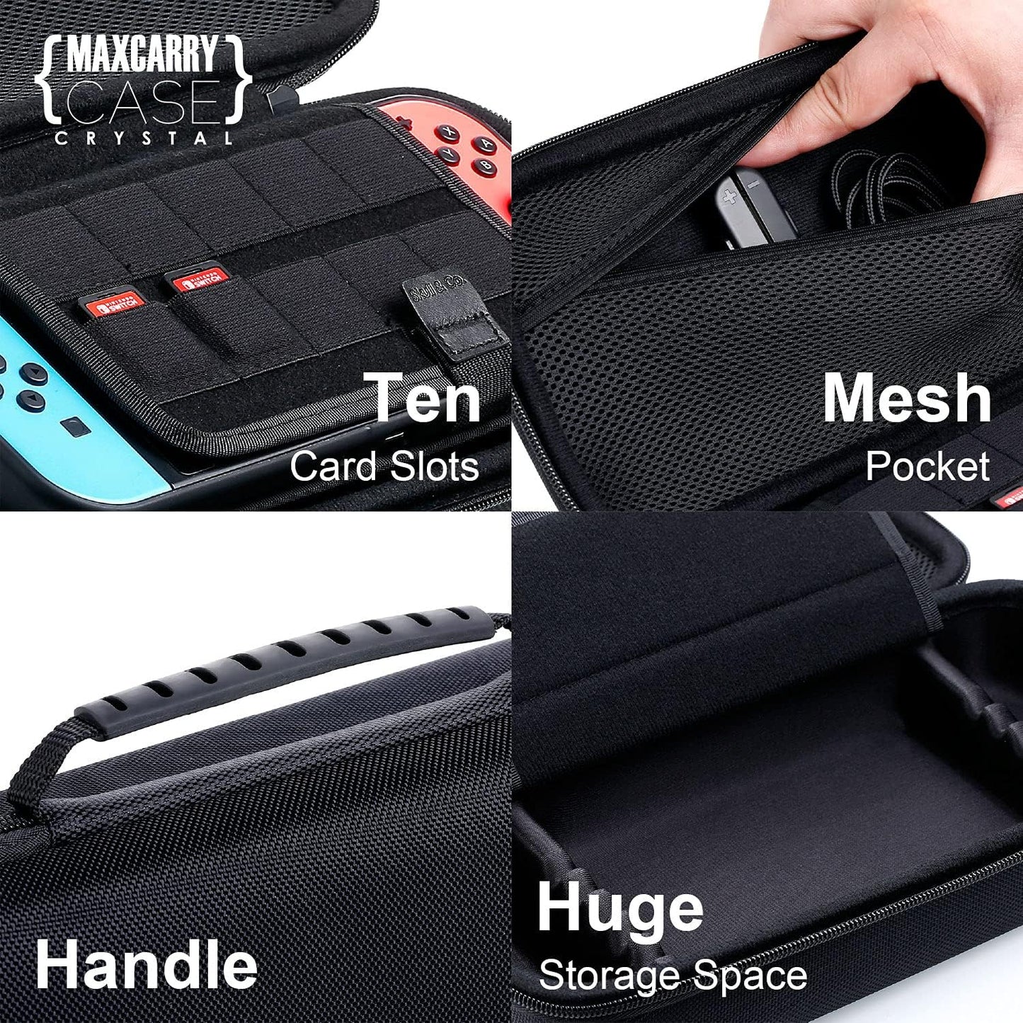 Skull & Co. GripCase Crystal  Bundle: A Dockable Transparent Protective Cover Case with Replaceable Grips [to fit All Hands Sizes] for Nintendo Switch -Neon Red & Blue