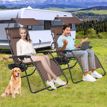 Zero Gravity Chairs Set of 2 Clearance with Sunshade Canopy and Cup Holder Tray Padded Adjustable Antigravity Lounge Folding Chair Patio Lounge Chair for Outdoor, Camping, Patio, Lawn, Brown