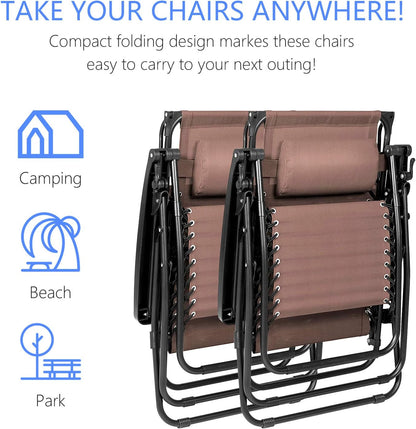 Zero Gravity Chairs Set of 2 Clearance with Sunshade Canopy and Cup Holder Tray Padded Adjustable Antigravity Lounge Folding Chair Patio Lounge Chair for Outdoor, Camping, Patio, Lawn, Brown