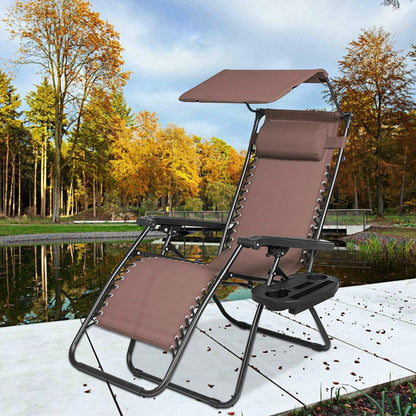Zero Gravity Chairs Set of 2 Clearance with Sunshade Canopy and Cup Holder Tray Padded Adjustable Antigravity Lounge Folding Chair Patio Lounge Chair for Outdoor, Camping, Patio, Lawn, Brown