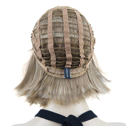 Lydell 8" Straight Short Bob Hair Flat Bangs Cute Central Dot Skin Top Heat Resistant Synthetic Wigs (14-24 Lt Golden Brown)