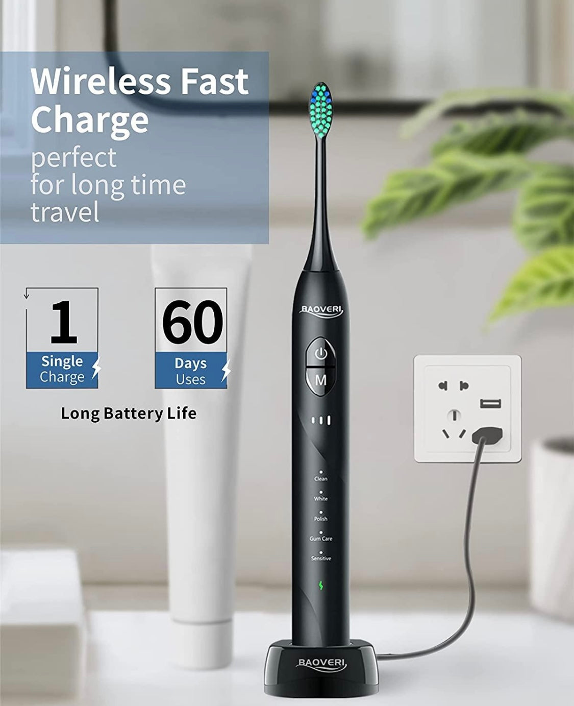 Sonic Electric Toothbrush for Adults, Wireless Rechargeable Power Toothbrush, 8 Brush Heads & Travel Case,One Charge for 60 Days