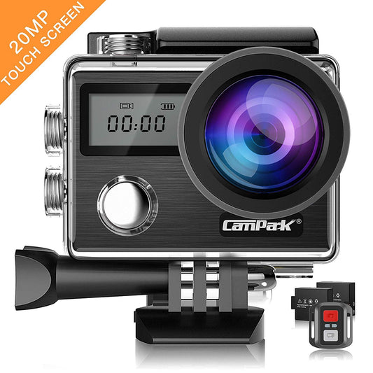 Campark X20C Action Camera Native 4K Ultra HD 20MP with EIS Stabilization Touch Screen, Digital Remote Control Waterproof Camera 40M 2 Batteries and Professional Accessories, Black