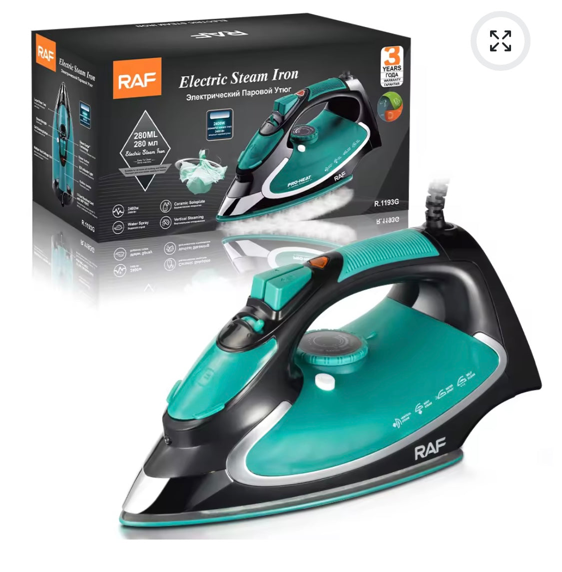RAF Electric Steam Iron, Ceramic Coated Plate Flat Iron Home Appliances 2400W, R.1193G