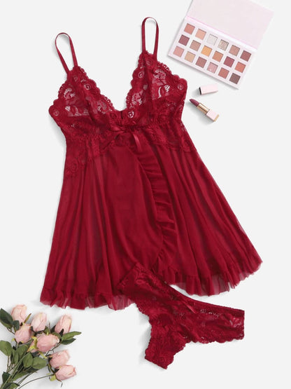 Maroon Red Lace Babydoll Lingerie Set with Thong | Sheer Mesh Chemise Sleepwear