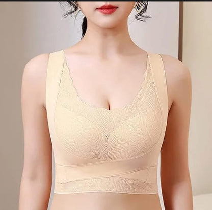 Full Coverage Bra For Women Traceless Gathering Cross Side Openings Lace Underwear Seamless Sexy Push Up Wireless Yoga Vest Bra - M