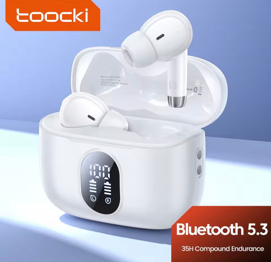 Toocki 58B LED Digital TWS Bluetooth 5.3 Wireless Earphones Panoramic Hifi Stereo Headphones Waterproof Sports Headsets With Mic (White)