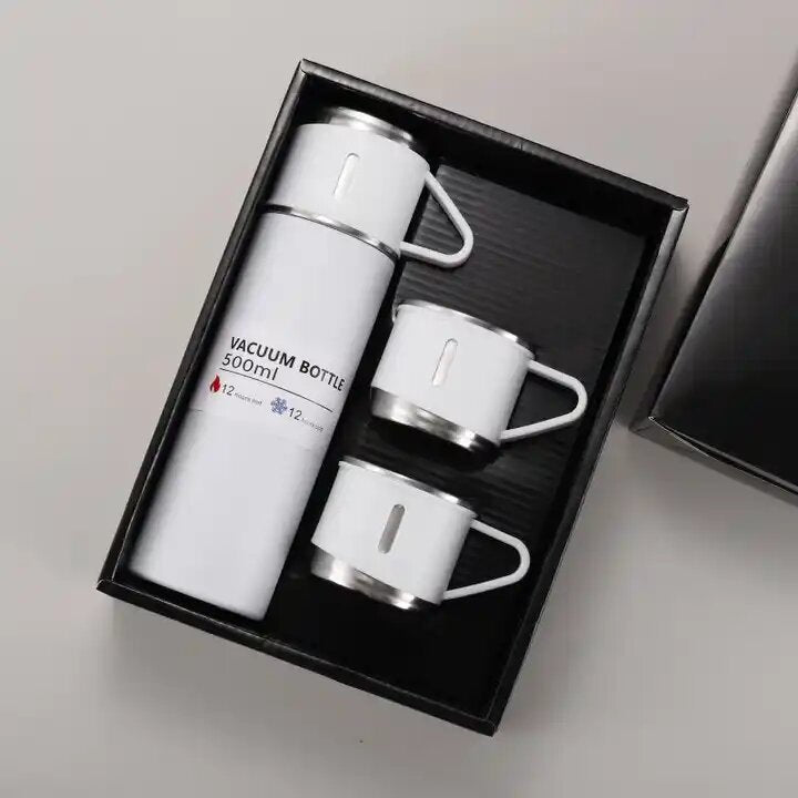 Gift Pack Set Stainless Steel Vacuum Flask Set with 3 Steel Cups Combo Coffee Hot Drink and Cold Water Flask Ideal Gifting Travel Friendly Latest Flask Bottle for Hot and Cold Drink Flask Bottle 500ml