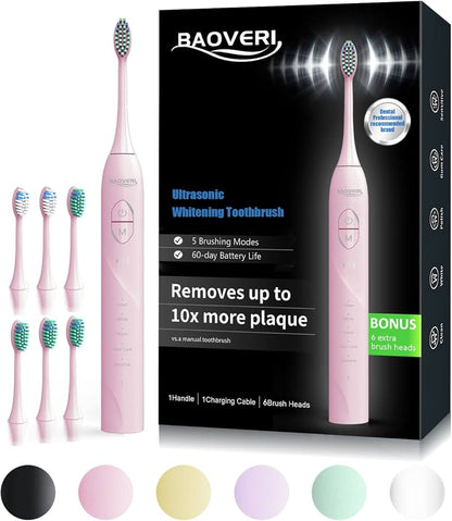 BAOVERI Electric Toothbrush with 8 Brush Heads for Adults&Kids, Ultrasonic Electric Toothbrushes, 5 Modes & 3 Intensity Levels