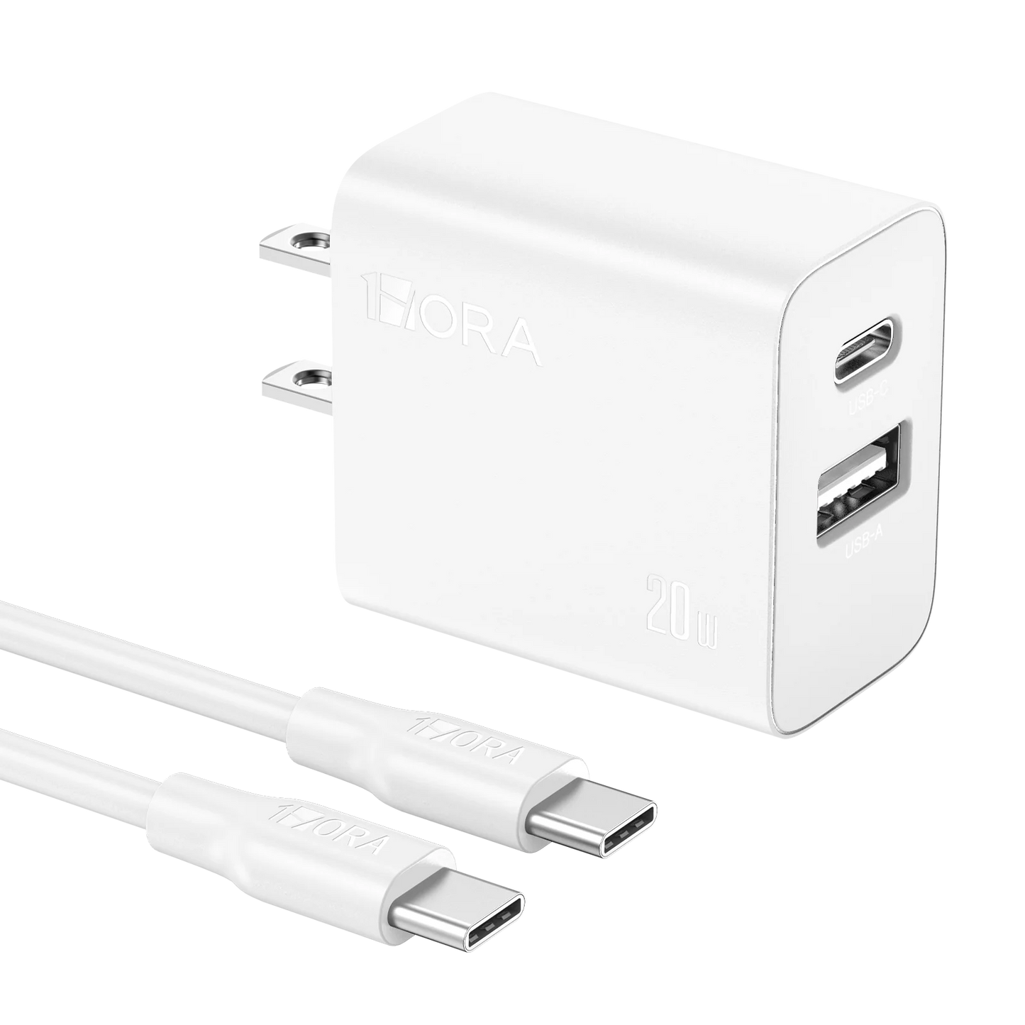 1Hora Dual Fast Charger Type-C & USB-A Ports 20W with 1m Type-C to Type-C Fast Charging Cable - White