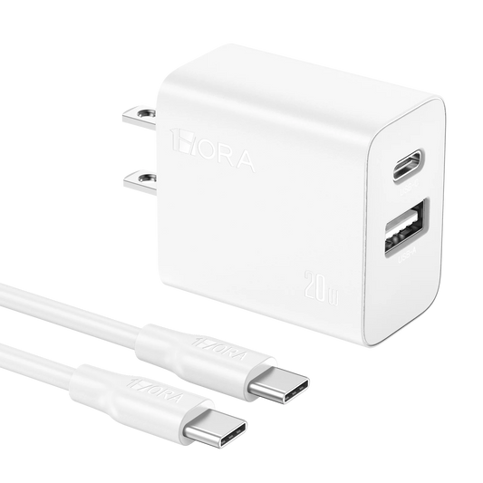 1Hora Dual Fast Charger Type-C & USB-A Ports 20W with 1m Type-C to Type-C Fast Charging Cable - White