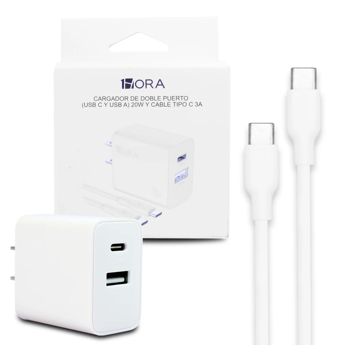 1Hora Dual Fast Charger Type-C & USB-A Ports 20W with 1m Type-C to Type-C Fast Charging Cable - White