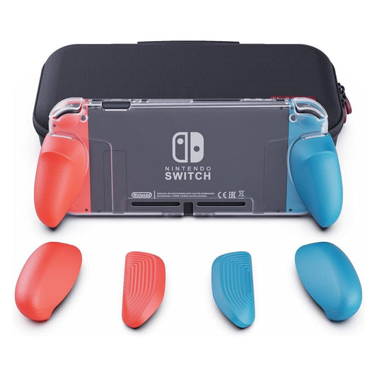 Skull & Co. GripCase Crystal  Bundle: A Dockable Transparent Protective Cover Case with Replaceable Grips [to fit All Hands Sizes] for Nintendo Switch -Neon Red & Blue