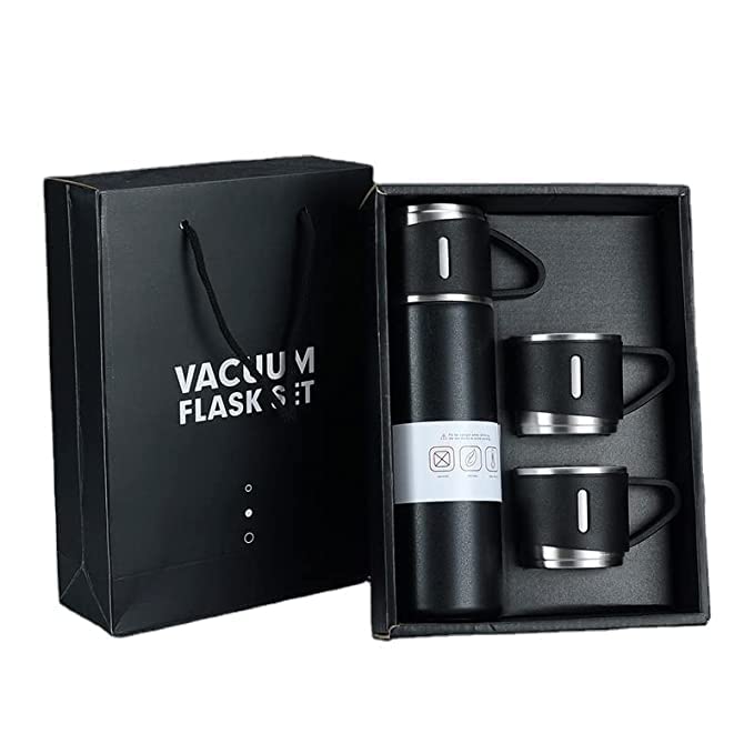Gift Pack Set Stainless Steel Vacuum Flask Set with 3 Steel Cups Combo Coffee Hot Drink and Cold Water Flask Ideal Gifting Travel Friendly Latest Flask Bottle for Hot and Cold Drink Flask Bottle 500ml