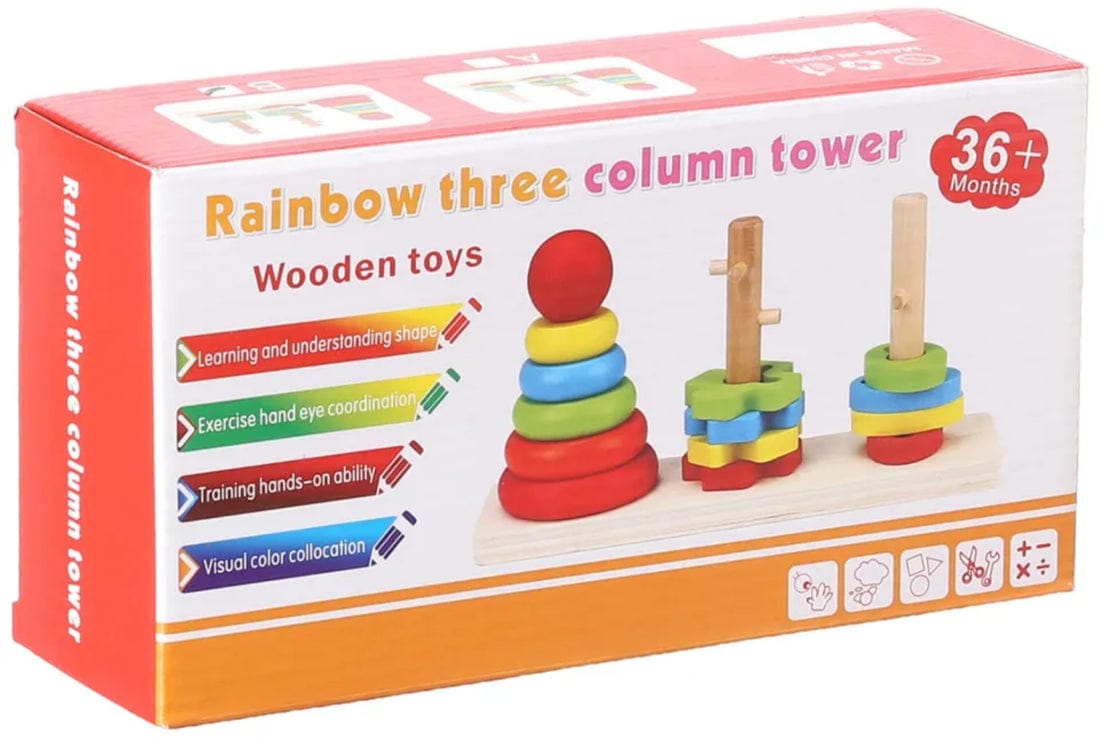 Wooden Toy Rainbow Tower Small (3 Column With Box)