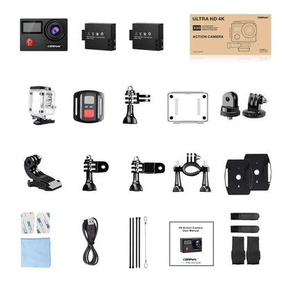 Campark X20C Action Camera Native 4K Ultra HD 20MP with EIS Stabilization Touch Screen, Digital Remote Control Waterproof Camera 40M 2 Batteries and Professional Accessories, Black