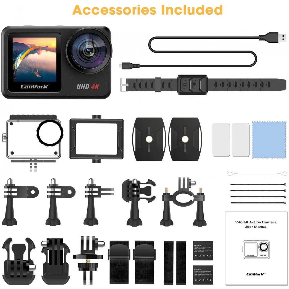 Campark V40 Action Camera 4K,20MP 40M Underwater Camera,170° Angle WiFi Waterproof Camera with Remote Control,IPS Touch Screen,4X Digital Zoom,Batteries & Helmet Accessories Kit,Underwater Camera for Sports