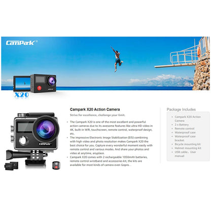 Campark X20C Action Camera Native 4K Ultra HD 20MP with EIS Stabilization Touch Screen, Digital Remote Control Waterproof Camera 40M 2 Batteries and Professional Accessories, Black